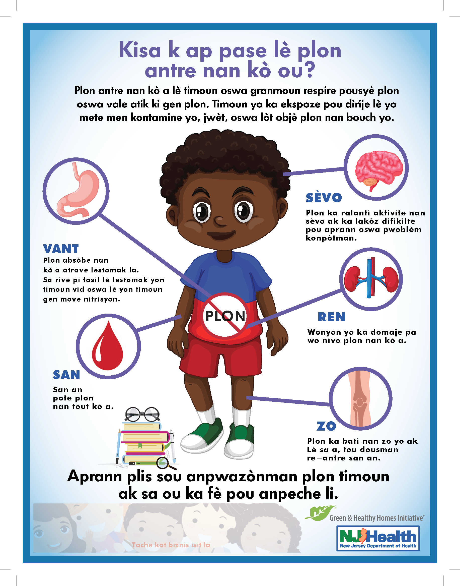Image of a young boy surrounded by images illustrating the effects of lead on the body.