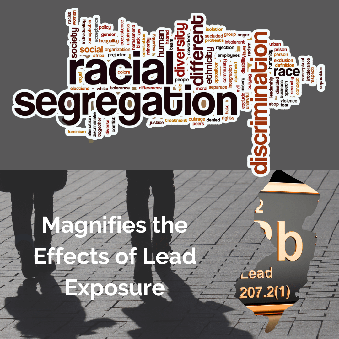Racial Segregation graphic with an image of New Jersey with a Lead symbol and two pairs of feet walking in shadows.