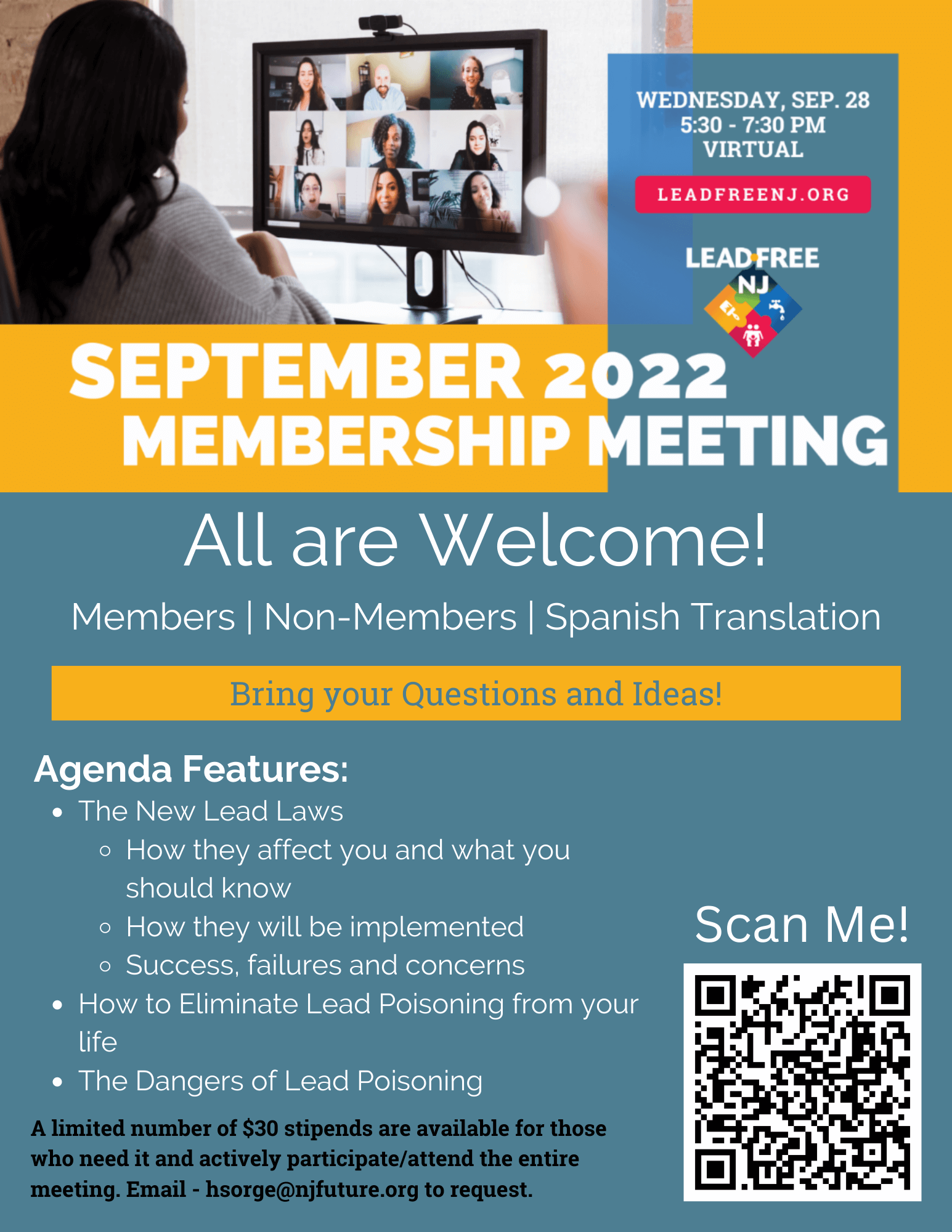 A flyer inviting people to the September Lead-Free NJ Membership Meeting in English
